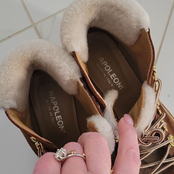 Napoleoni Leather Fur Ankle Congac Shearling Lined Boots 9 - Picture 4 of 9